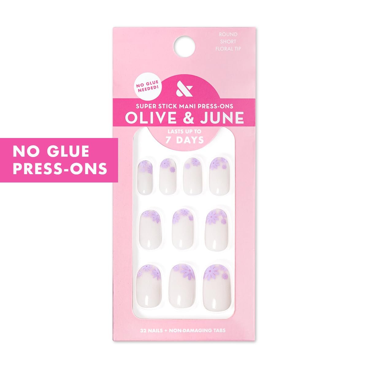 Olive & June Classic Super Stick Mani Press On Nails - Floral Tip, Short, Round - No Glue, 32 Nails, 16 Sizes Avelisse