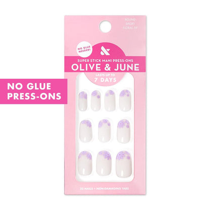 Olive & June Classic Super Stick Mani Press On Nails - Floral Tip, Short, Round - No Glue, 32 Nails, 16 Sizes Avelisse
