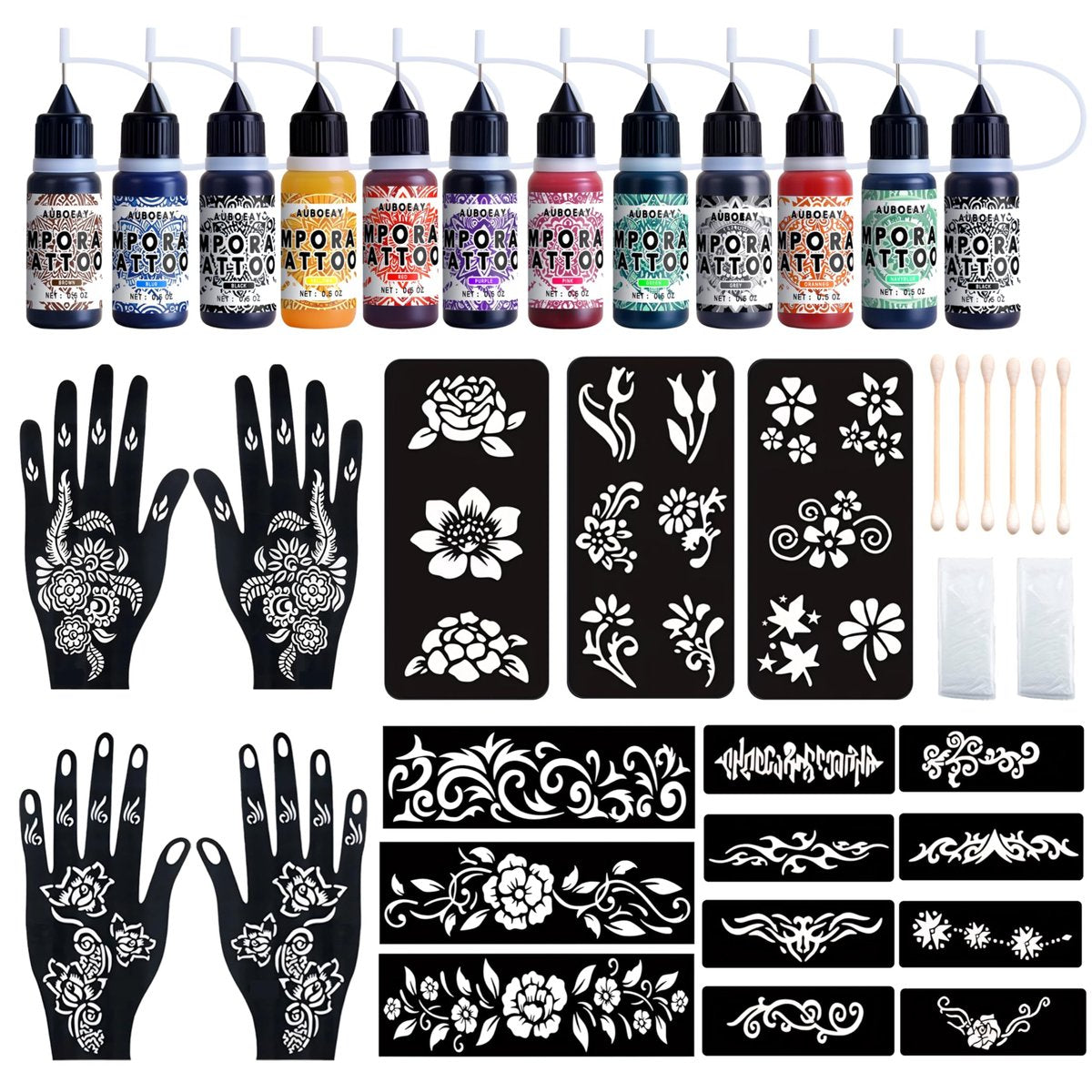 12-Color Temporary Tattoo Kit with 18 Stencils – Safe & Easy Fake Tattoos for Adults & Kids - görsel 1