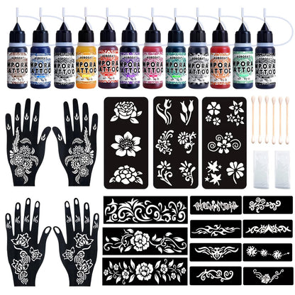 12-Color Temporary Tattoo Kit with 18 Stencils – Safe & Easy Fake Tattoos for Adults & Kids