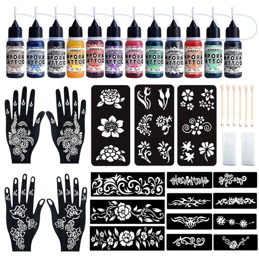 12-Color Temporary Tattoo Kit with 18 Stencils – Safe & Easy Fake Tattoos for Adults & Kids