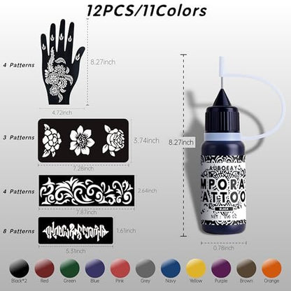 12-Color Temporary Tattoo Kit with 18 Stencils – Safe & Easy Fake Tattoos for Adults & Kids