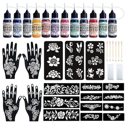 12-Color Temporary Tattoo Kit with 18 Stencils – Safe & Easy Fake Tattoos for Adults & Kids