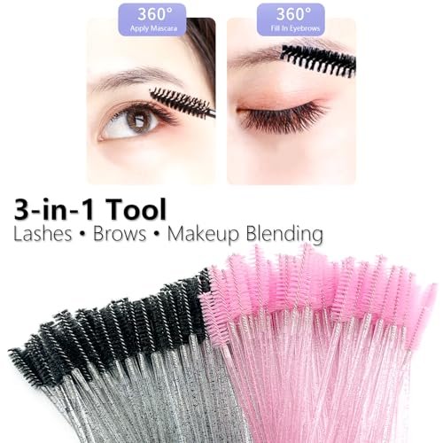 BIDEX 200 Pcs Disposable Mascara Wands - Spiral Lash Brush Applicators with Crystal Handles, Black and Pink Lash Spoolies for Eyelash & Eyebrow Makeup - görsel 10