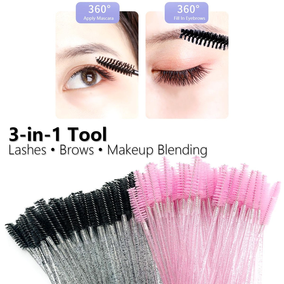 BIDEX 200 Pcs Disposable Mascara Wands - Spiral Lash Brush Applicators with Crystal Handles, Black and Pink Lash Spoolies for Eyelash & Eyebrow Makeup - görsel 9