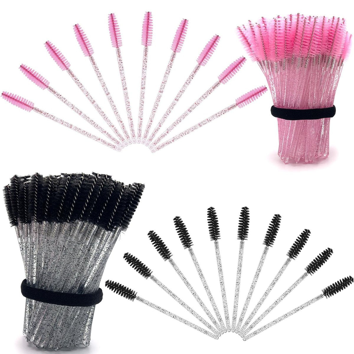 BIDEX 200 Pcs Disposable Mascara Wands - Spiral Lash Brush Applicators with Crystal Handles, Black and Pink Lash Spoolies for Eyelash & Eyebrow Makeup - görsel 1