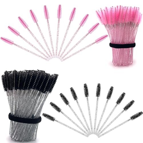 BIDEX 200 Pcs Disposable Mascara Wands - Spiral Lash Brush Applicators with Crystal Handles, Black and Pink Lash Spoolies for Eyelash & Eyebrow Makeup - görsel 2