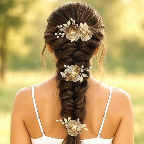 PRETTYLIFE Bridal Gold Hair Clips Crystal Pearl Gold Metal Flower Leaf Hair Pieces Accessories for Wedding (Pack of 3) Avelisse