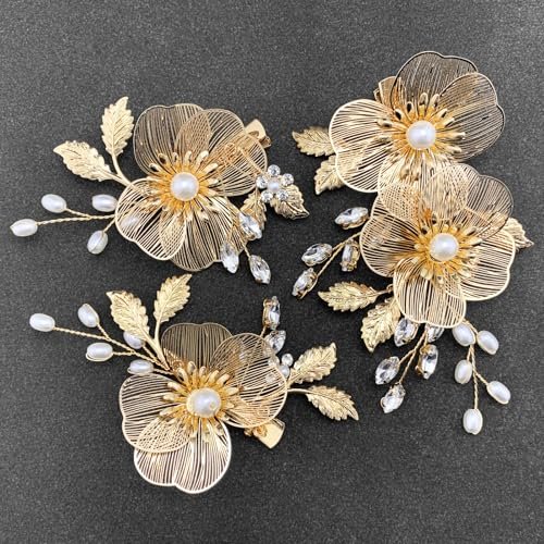 PRETTYLIFE Bridal Gold Hair Clips Crystal Pearl Gold Metal Flower Leaf Hair Pieces Accessories for Wedding (Pack of 3) Avelisse