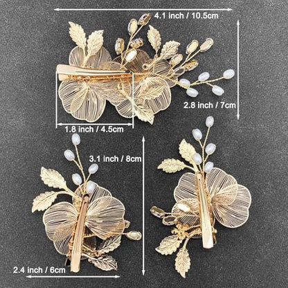 PRETTYLIFE Bridal Gold Hair Clips Crystal Pearl Gold Metal Flower Leaf Hair Pieces Accessories for Wedding (Pack of 3) Avelisse