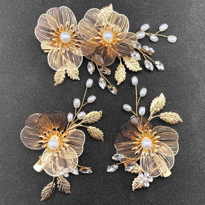 PRETTYLIFE Bridal Gold Hair Clips Crystal Pearl Gold Metal Flower Leaf Hair Pieces Accessories for Wedding (Pack of 3) Avelisse