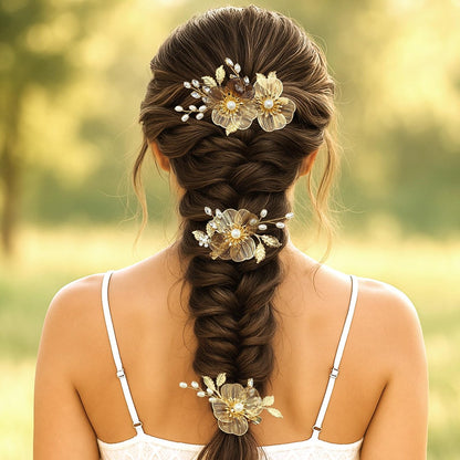 PRETTYLIFE Bridal Gold Hair Clips Crystal Pearl Gold Metal Flower Leaf Hair Pieces Accessories for Wedding (Pack of 3) Avelisse