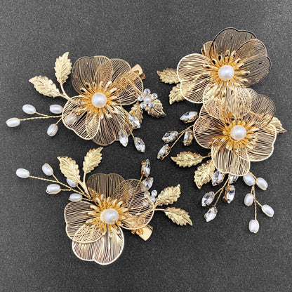 PRETTYLIFE Bridal Gold Hair Clips Crystal Pearl Gold Metal Flower Leaf Hair Pieces Accessories for Wedding (Pack of 3) Avelisse
