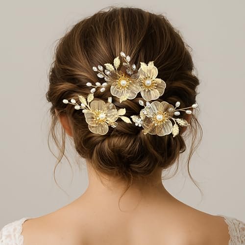 PRETTYLIFE Bridal Gold Hair Clips Crystal Pearl Gold Metal Flower Leaf Hair Pieces Accessories for Wedding (Pack of 3) Avelisse