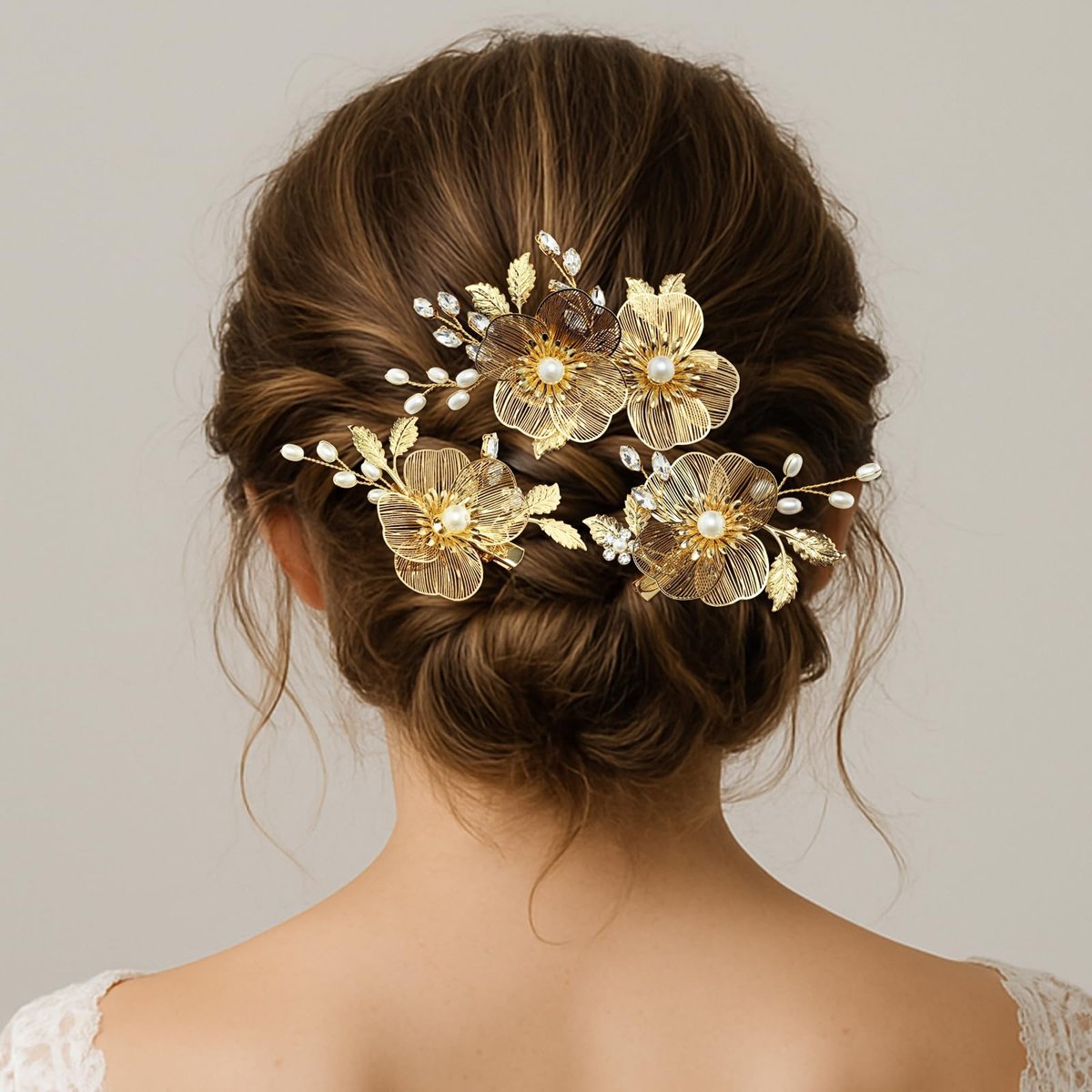 PRETTYLIFE Bridal Gold Hair Clips Crystal Pearl Gold Metal Flower Leaf Hair Pieces Accessories for Wedding (Pack of 3) Avelisse