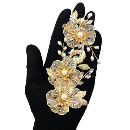 PRETTYLIFE Bridal Gold Hair Clips Crystal Pearl Gold Metal Flower Leaf Hair Pieces Accessories for Wedding (Pack of 3) Avelisse