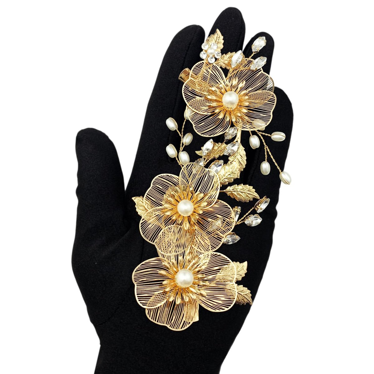 PRETTYLIFE Bridal Gold Hair Clips Crystal Pearl Gold Metal Flower Leaf Hair Pieces Accessories for Wedding (Pack of 3) Avelisse