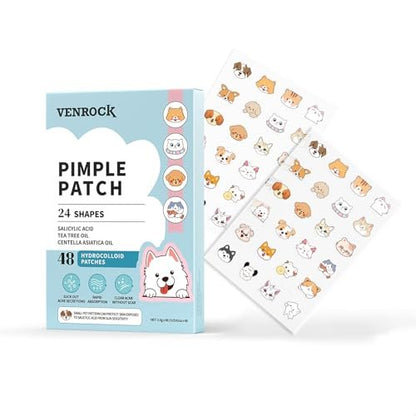 VENROCK Pimple Patches for Face – 48 Count Hydrocolloid Acne Treatment with Cute Pet Shapes, Salicylic Acid, Tea Tree Oil & Centella Asiatica – Fun Acne Spot Stickers for Kids & Adults