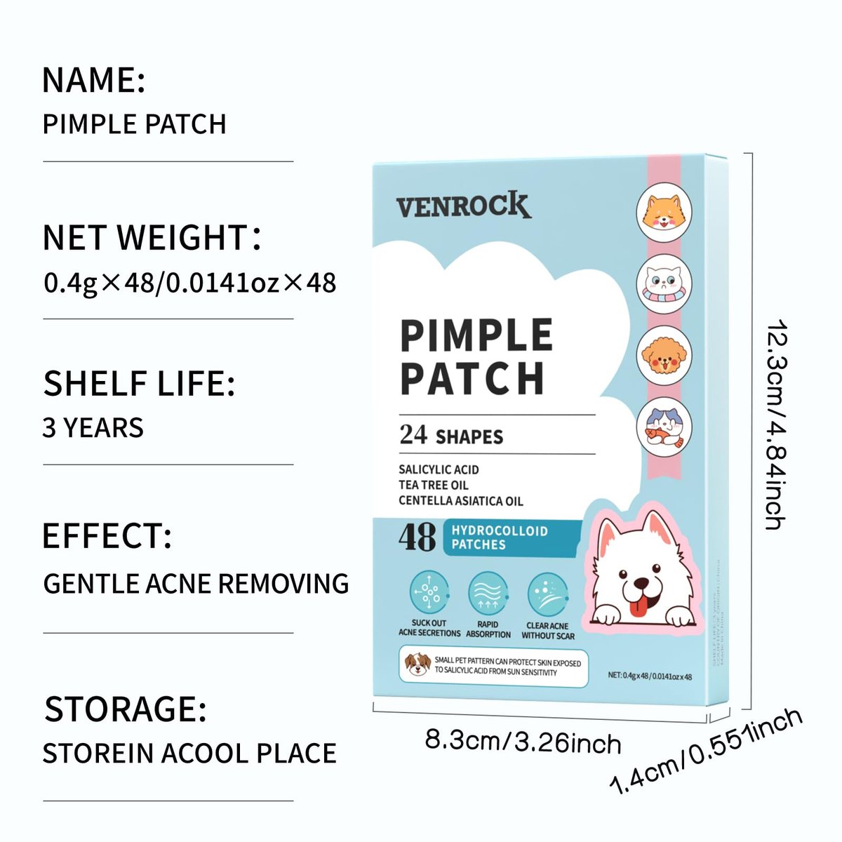 VENROCK Pimple Patches for Face – 48 Count Hydrocolloid Acne Treatment with Cute Pet Shapes, Salicylic Acid, Tea Tree Oil & Centella Asiatica – Fun Acne Spot Stickers for Kids & Adults - görsel 17