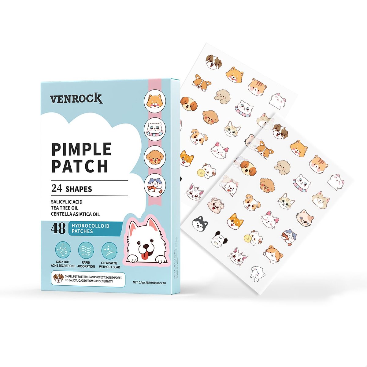 VENROCK Pimple Patches for Face – 48 Count Hydrocolloid Acne Treatment with Cute Pet Shapes, Salicylic Acid, Tea Tree Oil & Centella Asiatica – Fun Acne Spot Stickers for Kids & Adults - görsel 1