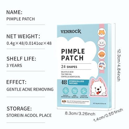 VENROCK Pimple Patches for Face – 48 Count Hydrocolloid Acne Treatment with Cute Pet Shapes, Salicylic Acid, Tea Tree Oil & Centella Asiatica – Fun Acne Spot Stickers for Kids & Adults