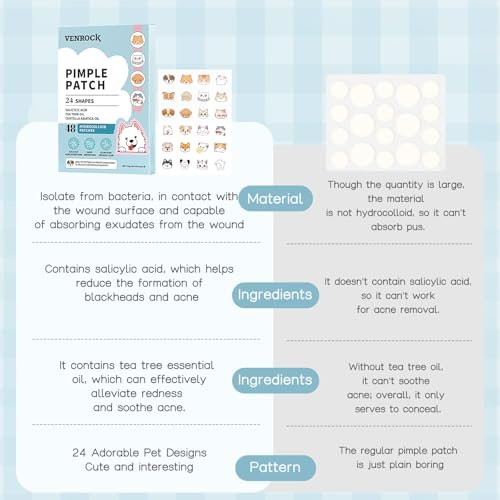 VENROCK Pimple Patches for Face – 48 Count Hydrocolloid Acne Treatment with Cute Pet Shapes, Salicylic Acid, Tea Tree Oil & Centella Asiatica – Fun Acne Spot Stickers for Kids & Adults - görsel 16