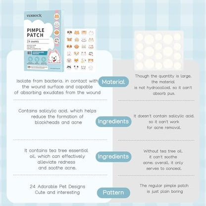 VENROCK Pimple Patches for Face – 48 Count Hydrocolloid Acne Treatment with Cute Pet Shapes, Salicylic Acid, Tea Tree Oil & Centella Asiatica – Fun Acne Spot Stickers for Kids & Adults
