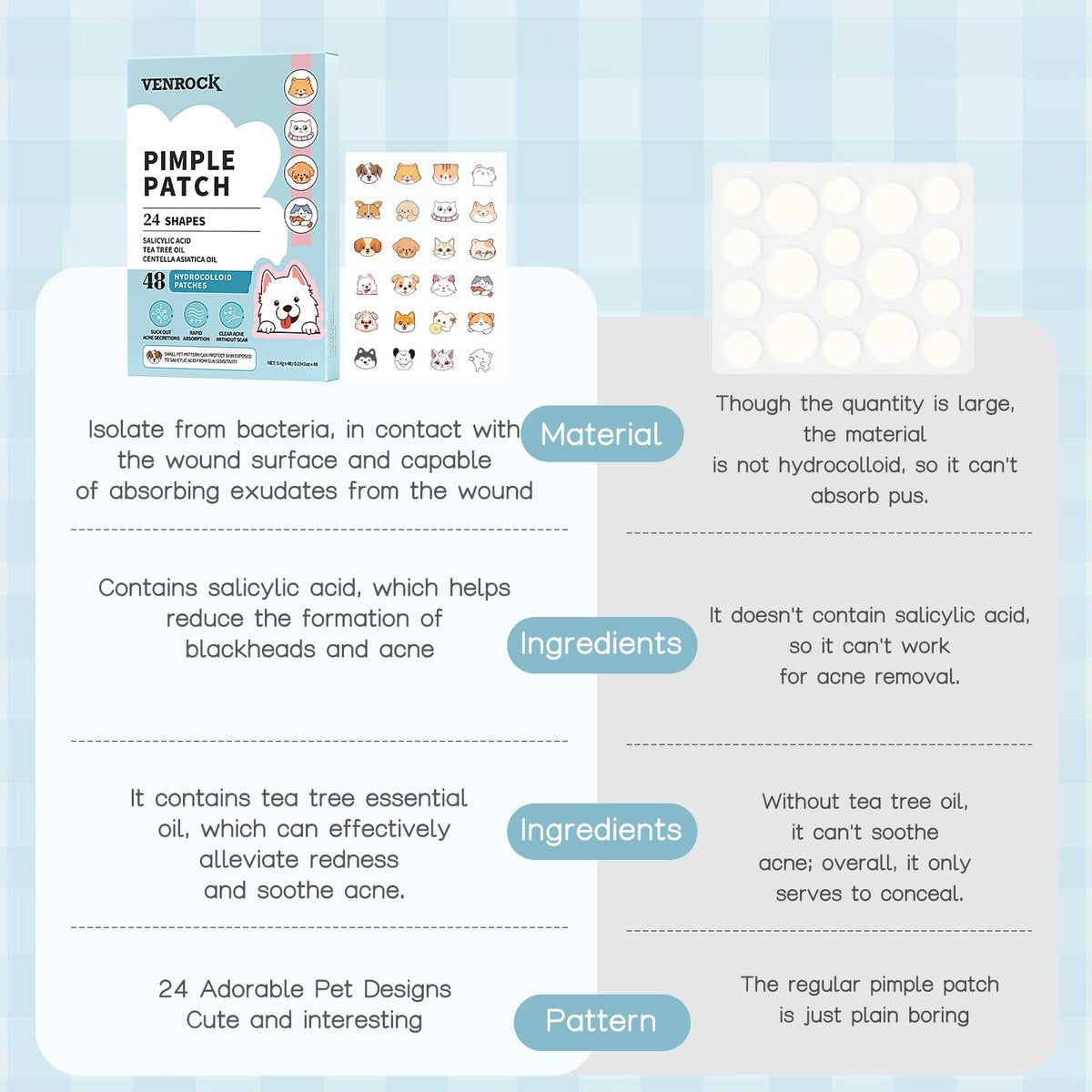 VENROCK Pimple Patches for Face – 48 Count Hydrocolloid Acne Treatment with Cute Pet Shapes, Salicylic Acid, Tea Tree Oil & Centella Asiatica – Fun Acne Spot Stickers for Kids & Adults - görsel 15