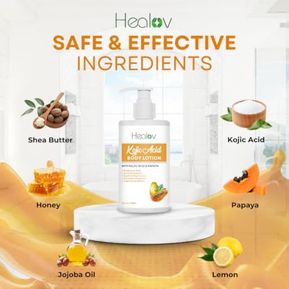 Herblov Kojic Acid Lotion – Skin Brightening Body Lotion for Age Spots, Hyperpigmentation, Intimate Areas – Dark Spot Remover, Reduces Acne Scars and Evens Tone – 10 oz