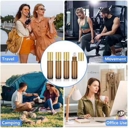 DTDNZKN 4-Pack 0.34 Oz (10ml) Amber Glass Essential Oil Roller Bottles – Refillable, Leak-Proof with Stainless Steel Roller Balls, Metal Caps & Labels