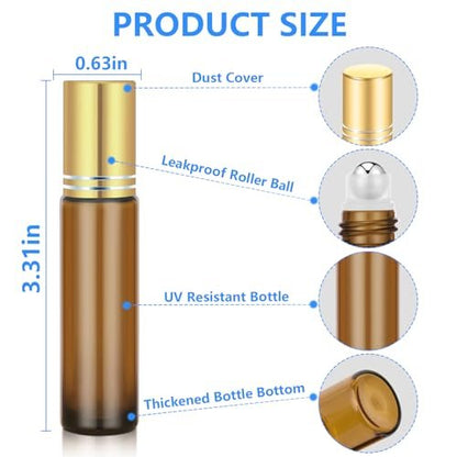 DTDNZKN 4-Pack 0.34 Oz (10ml) Amber Glass Essential Oil Roller Bottles – Refillable, Leak-Proof with Stainless Steel Roller Balls, Metal Caps & Labels
