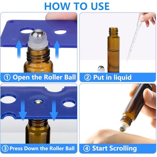 DTDNZKN 4-Pack 0.34 Oz (10ml) Amber Glass Essential Oil Roller Bottles – Refillable, Leak-Proof with Stainless Steel Roller Balls, Metal Caps & Labels - görsel 8