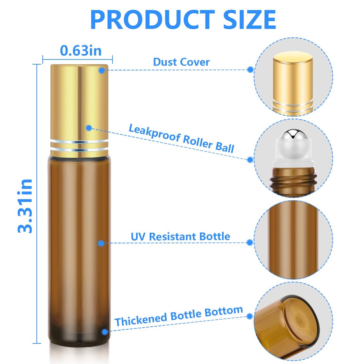 DTDNZKN 4-Pack 0.34 Oz (10ml) Amber Glass Essential Oil Roller Bottles – Refillable, Leak-Proof with Stainless Steel Roller Balls, Metal Caps & Labels - görsel 3