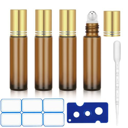 DTDNZKN 4-Pack 0.34 Oz (10ml) Amber Glass Essential Oil Roller Bottles – Refillable, Leak-Proof with Stainless Steel Roller Balls, Metal Caps & Labels