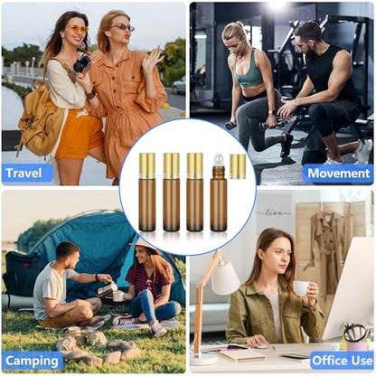 DTDNZKN 4-Pack 0.34 Oz (10ml) Amber Glass Essential Oil Roller Bottles – Refillable, Leak-Proof with Stainless Steel Roller Balls, Metal Caps & Labels