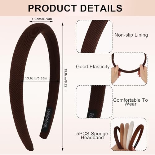 CURASA Sponge Padded Headbands for Women Girls 5 Pack - Non Slip Comfortable Thin Neutral Head Bands Trendy Cute Hair Hoops Elegant Solid Hair Accessories - görsel 4