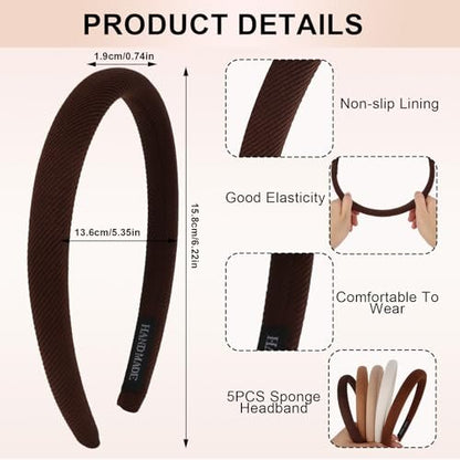 CURASA Sponge Padded Headbands for Women Girls 5 Pack - Non Slip Comfortable Thin Neutral Head Bands Trendy Cute Hair Hoops Elegant Solid Hair Accessories