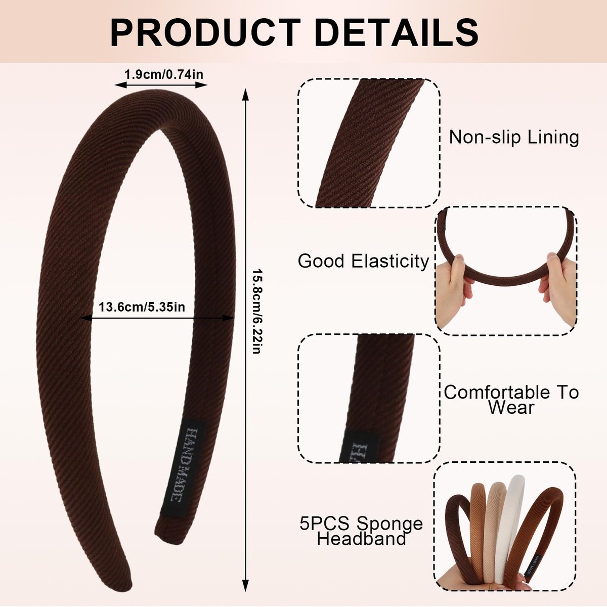 CURASA Sponge Padded Headbands for Women Girls 5 Pack - Non Slip Comfortable Thin Neutral Head Bands Trendy Cute Hair Hoops Elegant Solid Hair Accessories - görsel 3