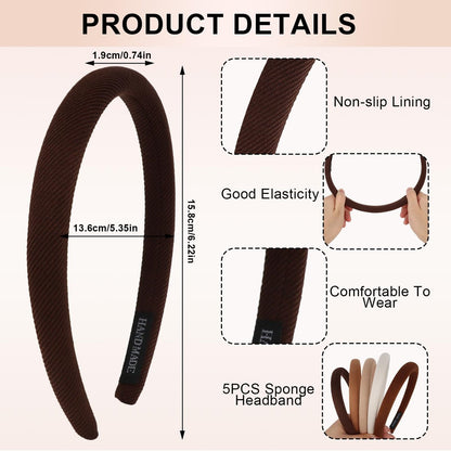 CURASA Sponge Padded Headbands for Women Girls 5 Pack - Non Slip Comfortable Thin Neutral Head Bands Trendy Cute Hair Hoops Elegant Solid Hair Accessories