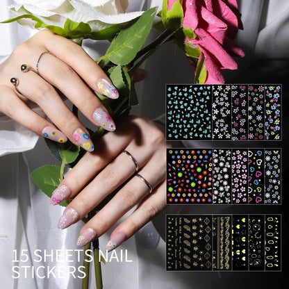 Teenitor Nail Charms and Gems Nail Art Tools – 6 Boxes 3D Nail Gems & 15 Sheets Nail Stickers, Flower Nail Stickers, Rhinestones, Pearls, Nail Decor Supplies