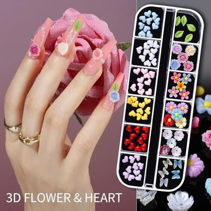 Teenitor Nail Charms and Gems Nail Art Tools – 6 Boxes 3D Nail Gems & 15 Sheets Nail Stickers, Flower Nail Stickers, Rhinestones, Pearls, Nail Decor Supplies