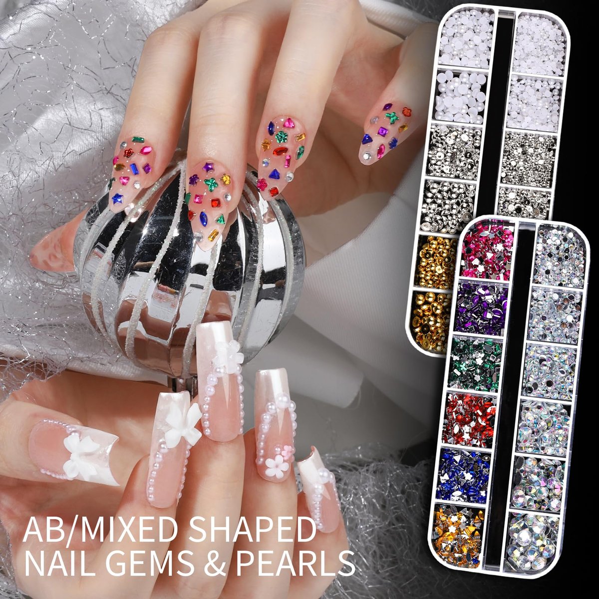 Teenitor Nail Charms and Gems Nail Art Tools – 6 Boxes 3D Nail Gems & 15 Sheets Nail Stickers, Flower Nail Stickers, Rhinestones, Pearls, Nail Decor Supplies - görsel 11