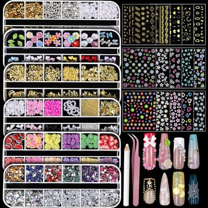 Teenitor Nail Charms and Gems Nail Art Tools – 6 Boxes 3D Nail Gems & 15 Sheets Nail Stickers, Flower Nail Stickers, Rhinestones, Pearls, Nail Decor Supplies