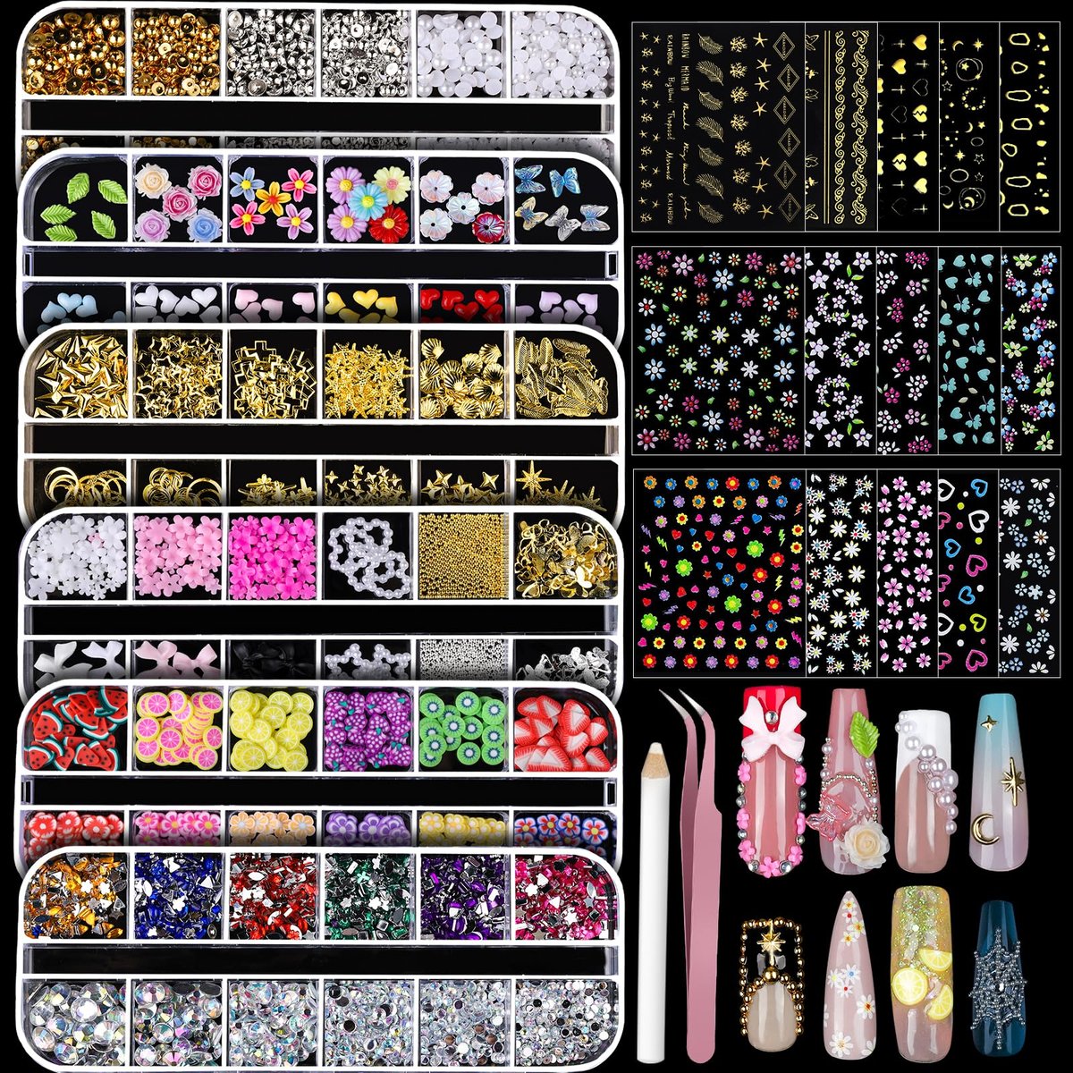 Teenitor Nail Charms and Gems Nail Art Tools – 6 Boxes 3D Nail Gems & 15 Sheets Nail Stickers, Flower Nail Stickers, Rhinestones, Pearls, Nail Decor Supplies - görsel 1