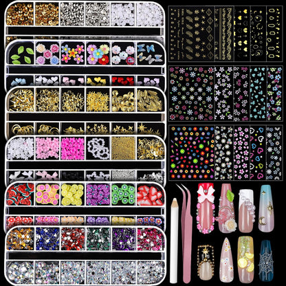Teenitor Nail Charms and Gems Nail Art Tools – 6 Boxes 3D Nail Gems & 15 Sheets Nail Stickers, Flower Nail Stickers, Rhinestones, Pearls, Nail Decor Supplies