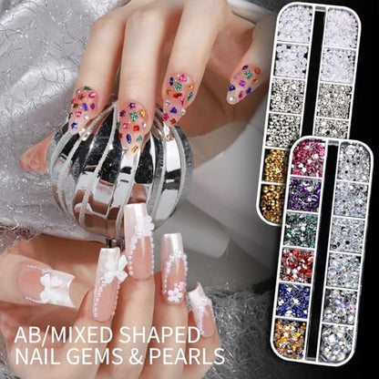 Teenitor Nail Charms and Gems Nail Art Tools – 6 Boxes 3D Nail Gems & 15 Sheets Nail Stickers, Flower Nail Stickers, Rhinestones, Pearls, Nail Decor Supplies