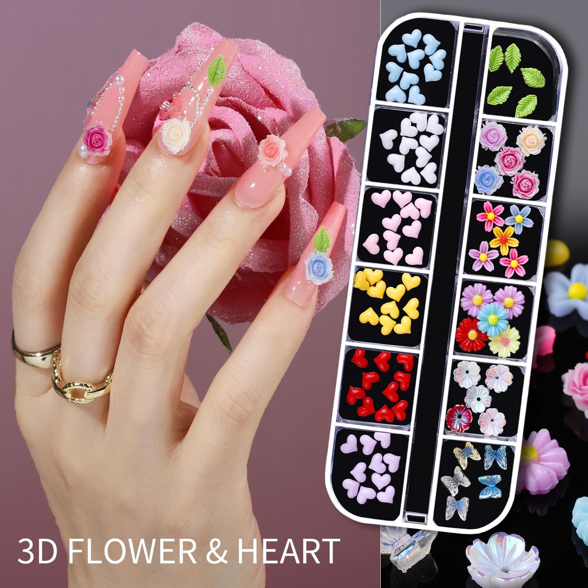Teenitor Nail Charms and Gems Nail Art Tools – 6 Boxes 3D Nail Gems & 15 Sheets Nail Stickers, Flower Nail Stickers, Rhinestones, Pearls, Nail Decor Supplies - görsel 5