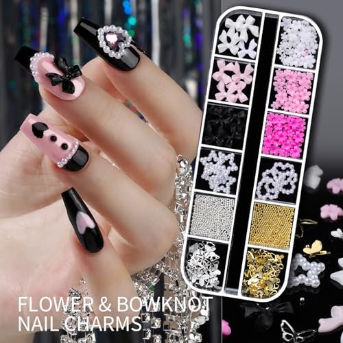 Teenitor Nail Charms and Gems Nail Art Tools – 6 Boxes 3D Nail Gems & 15 Sheets Nail Stickers, Flower Nail Stickers, Rhinestones, Pearls, Nail Decor Supplies - görsel 4