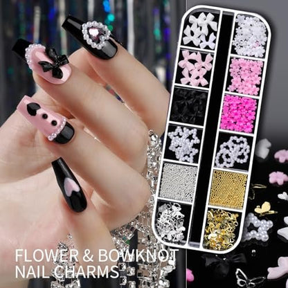 Teenitor Nail Charms and Gems Nail Art Tools – 6 Boxes 3D Nail Gems & 15 Sheets Nail Stickers, Flower Nail Stickers, Rhinestones, Pearls, Nail Decor Supplies