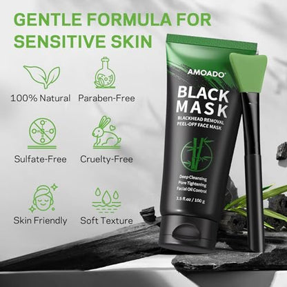 AMOADO Blackhead Remover Mask, Charcoal Peel Off Face Mask Kit (100g) – Deep Pore Cleansing, Oil Control, Blackheads Peel Off Mask for Men & Women – Includes Brush & Extractor Tool